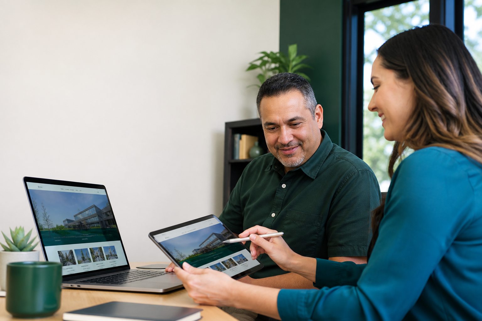 Two people reviewing a website design on a laptop