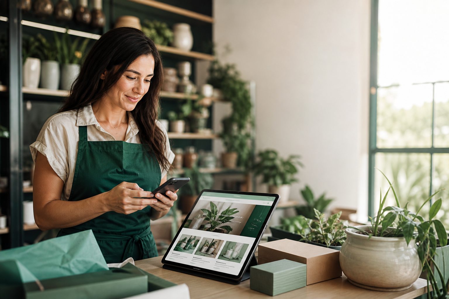 A local business owner using a website in her shop